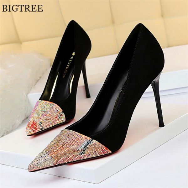 

dress shoes bright rhinestone wedding mixed colors flock crystal pointed women pumps high heels 9cm office ladies dance party footwear, Black