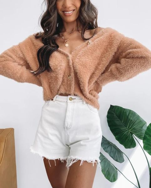 

winter warm womens plush coat cardigans double-side plush sweaters wear loose casual v-neck button autumn long sleeve sweater, Black;brown