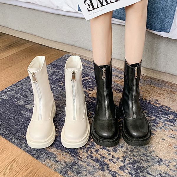 

dress shoes women's motorcycle boots zip thick bottom ladies platform pu woman round toe casual concise mid-calf autumn winter miu, Black