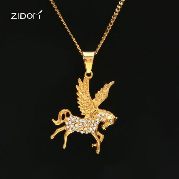 

pendant necklaces hip hop iced out rhinestone horse men fashion stainless steel 24inch long cuban chain necklace jewelry, Silver