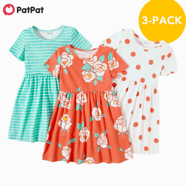 

patpat arrival summer 3-pack toddler girl floral and polka dots short-sleeve dress set children's clothing girl's dresses, Red;yellow