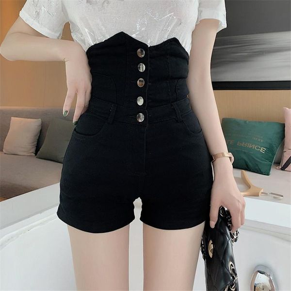

women's shorts gowyimmes 2021 summer high waist women jeans big size vintage girl single breasted denim outwear pd971, White;black