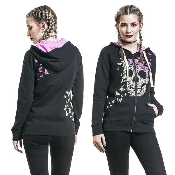 

autumn / winter 2020 new women's printed skull zipper sweater hooded fleece, Blue;black