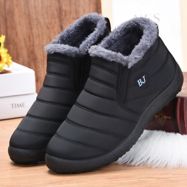 

boots snow women shoes warm plush fur ankle winter female slip on flat casual waterproof ultralight footwear, Black