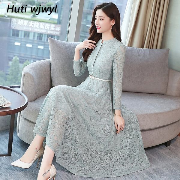 

2021 autumn winter plus size vintage lace midi dresses women elegant bodycon black maxi dress party long sleeve runway vestidos 210319, Black;gray