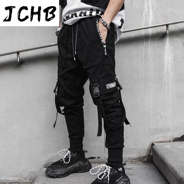 

men's pants spring 2021 hip hop joggers men black harem multi-pocket ribbons man sweatpants streetwear casual mens m-3xl