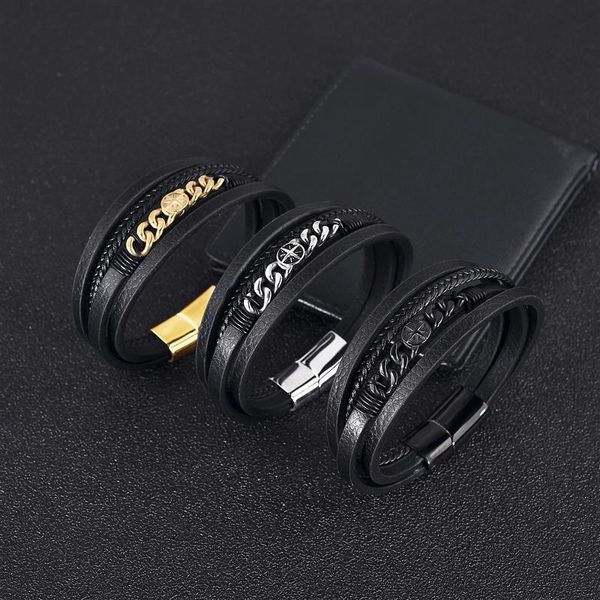 

charm bracelets fashion mutilayer leather stainless steel men's bracelet magnetic clasp braided wrapping punk bangles man gift, Golden;silver