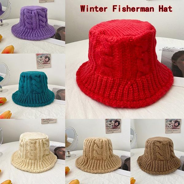 

wide brim hats 1pcs winter for women knitted bucket hat female solid color thick warm fashion fisherman casual vintage, Blue;gray