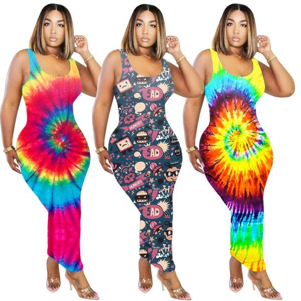 

rainbow tie dye cartoon print summer dress woman cute low neck sleeveless slim fit dresses vintage high waist long maxi vestidos casual, Black;gray