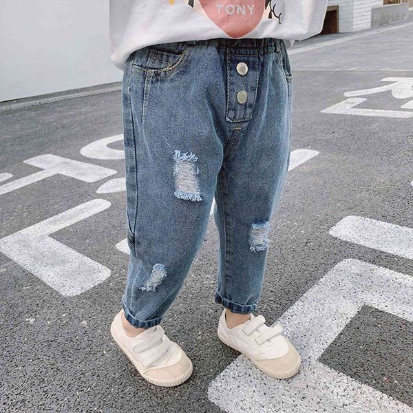 

0 5y fashion kids girls jeans pants elastic high waist blue denim ripped hole long