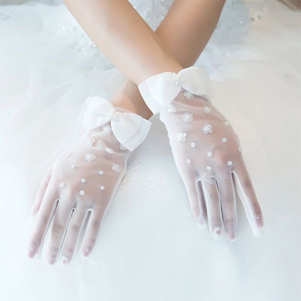 

bridal gloves 1 pair princess girls elegant short gauze artificial pearl mesh gloves bride wedding dress accessories, White