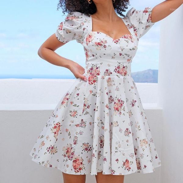

women's swimwear flower print white dress women 's short puff sleeve zipper mini sundress elegant summer ladies clothing, White;black