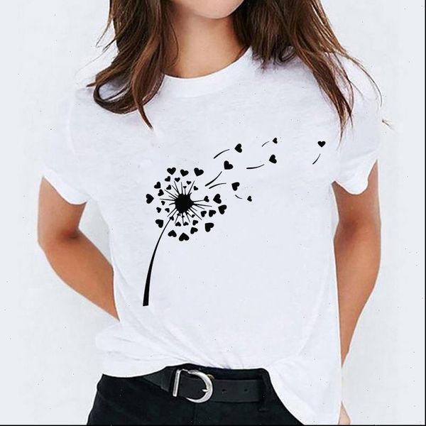 

graphic dandelion flying fashion womens short sleeve print tee, White