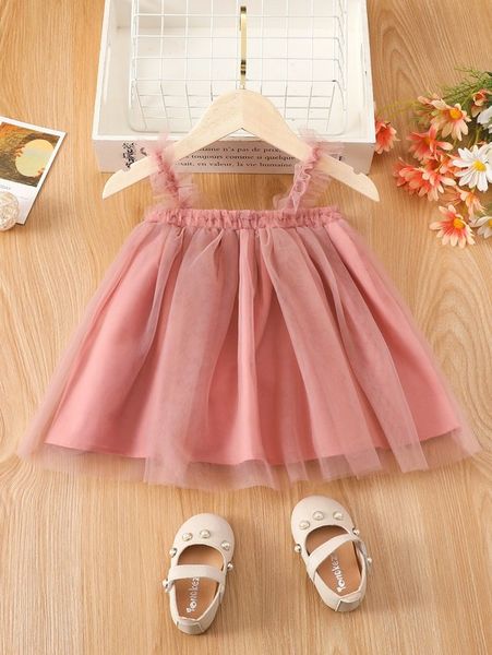 

baby ruffle trim mesh cami dress she, Red;yellow