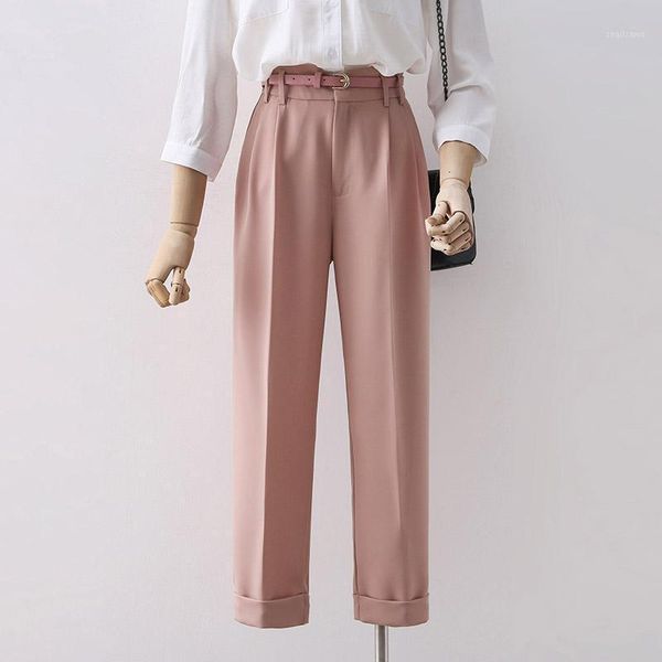 

women's pants & capris summer chiffon women solid straight button loose all match high waist office lady pink quality, Black;white