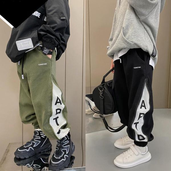 

cowboy boys pants spring autumn casual joggers side zipper patchwork letter harem sweatpants 8 9 10 12 years children's trousers, Blue