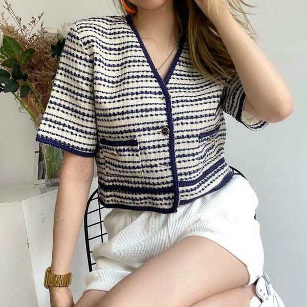 

women's jackets 2021 summer autumn women striped twill cropped coat short sleeve v-neck single-breasted pocket front bolero outerwear s, Black;brown