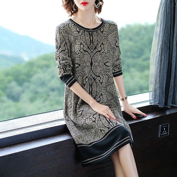 

casual dresses oversize jacquard knitting dress for women autumn 2021 vintage patchwork o-neck pullover knee-length sweater female vestidos, Black;gray