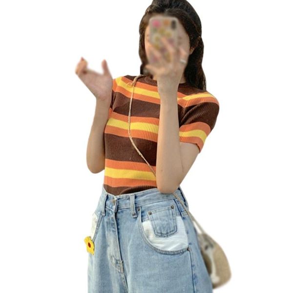 

women's t-shirt summer o-neck sweet cute color striped slim short-sleeved short casual knit, White