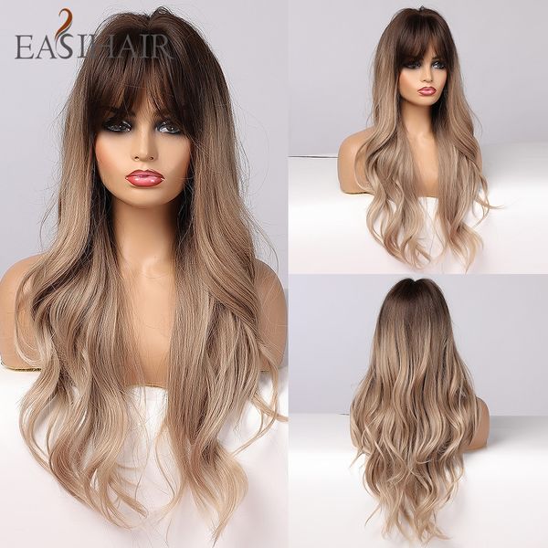 

brown ombre wavy long synthetic wigs for women wigs with bangs natural hair wigs heat resistant cosplay, Black