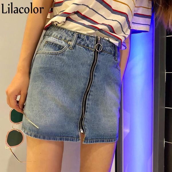

skirts ins zipper a-line women high waist front zip denim skirt casual mini pocket wrapover jeans blue jean short, Black