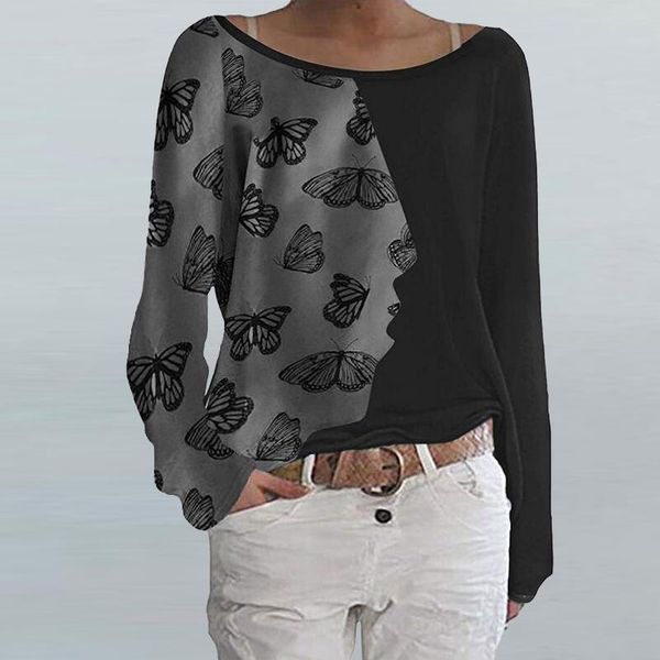 

women's blouses & shirts autumn fashion o-neck women elegant butterfly patchwork print pullover spring casual long sleeve loose lady, White