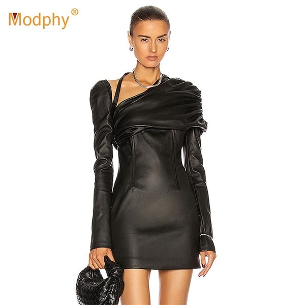 

pu leather black dress autumn women asymmetrical collar bodycon club evening party female vestidos 210527, Black;gray