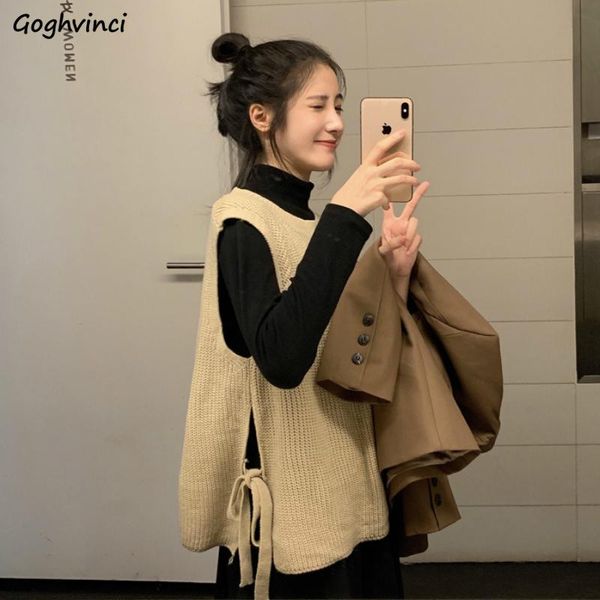 

women's vests sweater vest women autumn side-slit lace-up loose solid korean style elegant womens all-match waistcoat preppy students c, Black;white