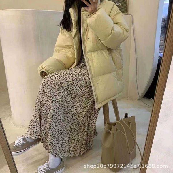 

korean winter stand collar long sleeve pocket oh zipper loose show thin solid color medium warm down et women's coat