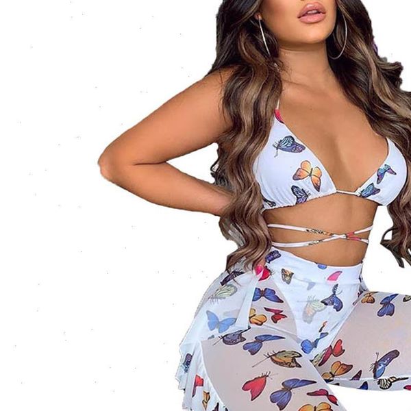

see through womens tracksuits beach bra trousers deep v neck butterfly printed clothes lace up loose flowing pants summer, Gray