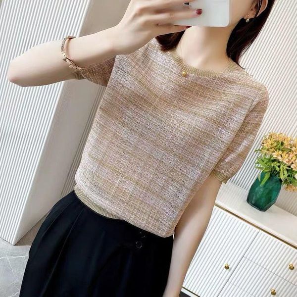 

women summer fashion plaid knitted tees casual lady pullover t-shirt female retro o-neck short sleeve x232 women's, White