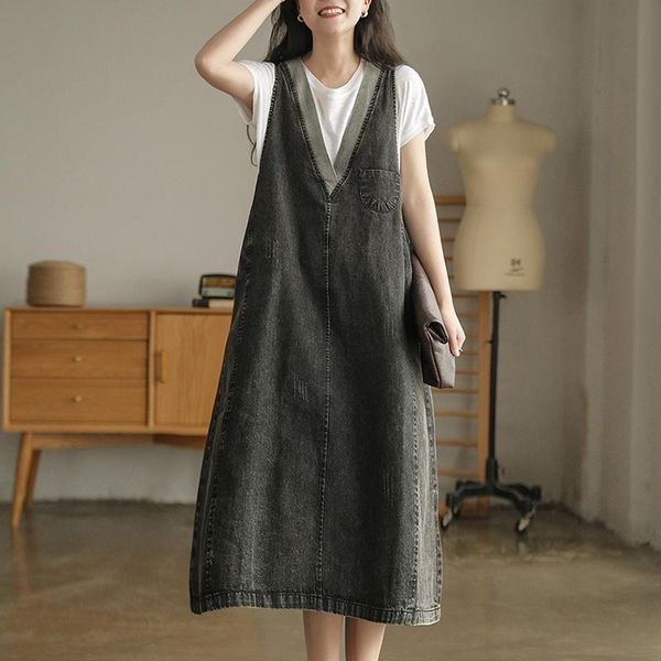 

casual dresses spring summer women denim tank sleeveless loose patchwork pockets v-neck pocket a-line jeans dress vestidos 2021, Black;gray