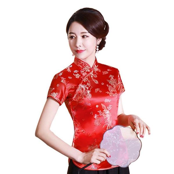 

women's blouses & shirts women femme shirt jacket coat chinese short sleeve stand collar dragon phoenix print ethnic blouse, White