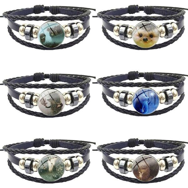 

charm bracelets jewelry crystal black leather bracelet bangles cabochon glass dome handmade for women girls hedgehog in the fog, Golden;silver