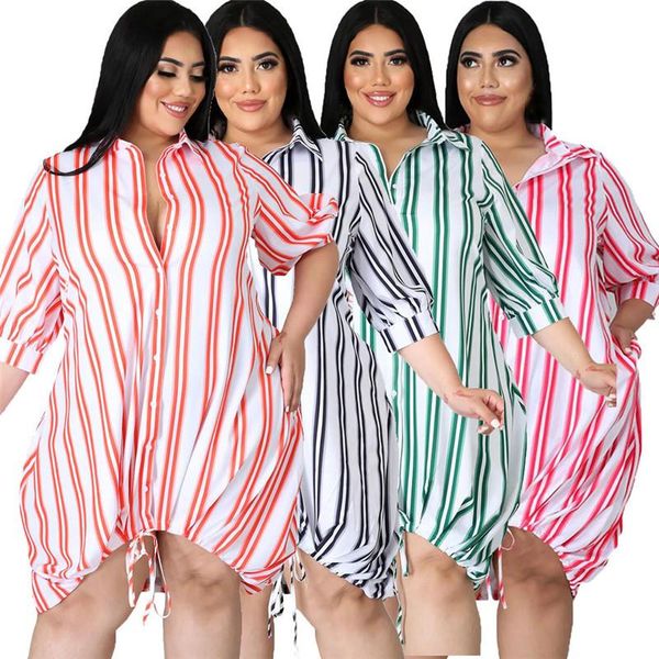 

casual dresses wuhe women loose bodycon stripe print single breasted three quarter sleeve lace up turn down collar office work, Black;gray