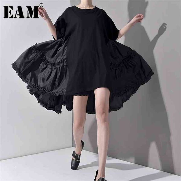 

[eam] spring summer round neck half sleeve pleated split joint loose oversize big size dres fashion js7910 210701, Black;gray