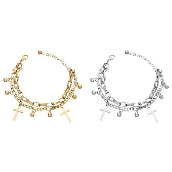 

link, chain women girls hip hop jewelry punk stainless steel pendant bracelet cross double-layer bangle, Black
