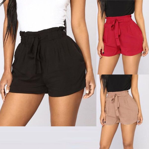 

women's shorts fashion women retro casual fit elastic waist pocket bandage high string pantalones cortos, White;black