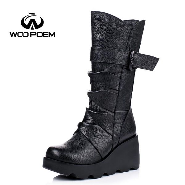

shoes winter women cow leather breathable high heel mid-calf boots genuine, Black