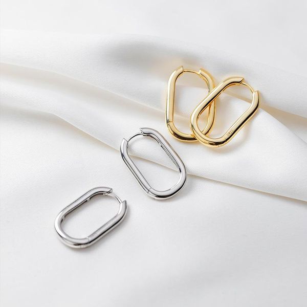 

hoop & huggie big real. 925 sterling silver fine jewelry piercing polished oval-shape ear earrings loop c-g6587, Golden;silver