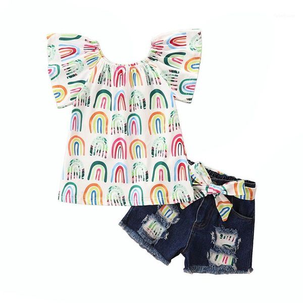 

clothing sets summer style little girls outfit set rainbow/sunflower printing short sleeve + ripped denim shorts with belt costume1, White