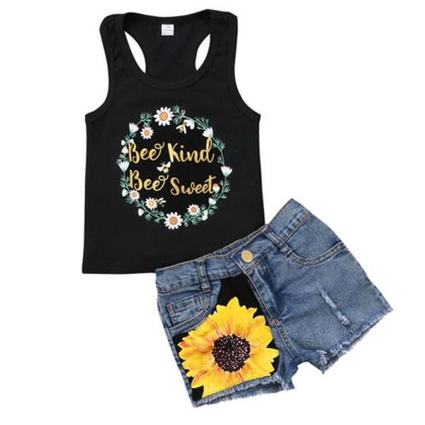 

clothing sets born toddler kid baby girl clothes set sleeveless crop print floral ripped jeans denim shorts children's, White
