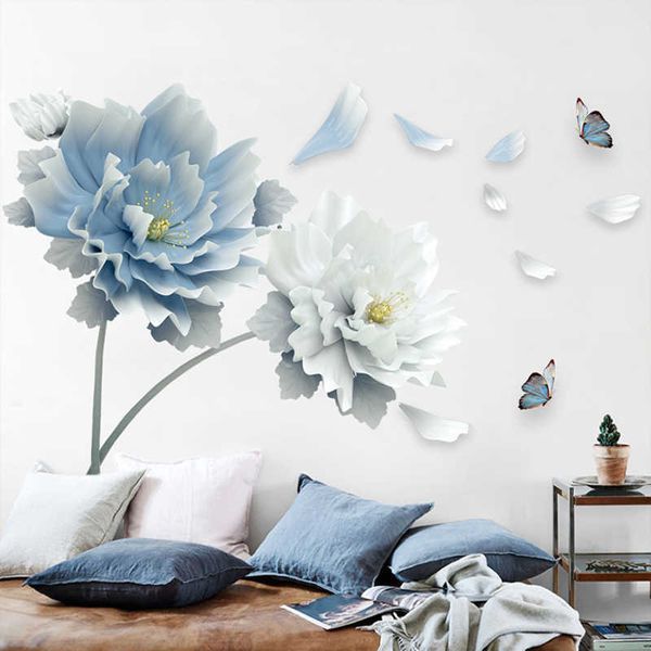 Grandes flores azuis brancas lotus borboleta removível adesivos de parede 3d arte de parede decalques murais arte para sala de estar decoração quarto 210705