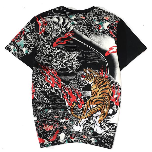 

t shirt arrival chinese style tiger dragon full embroidery tshirt homme summer t shirt men cotton japanese casual tee, White;black