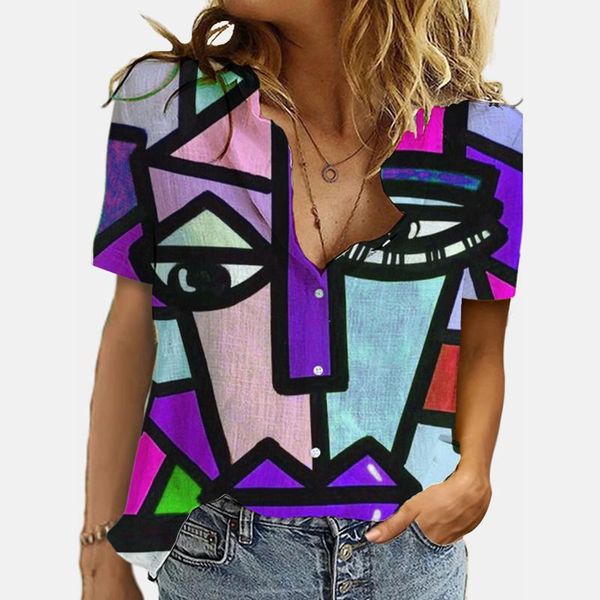 

women's blouses & shirts graphic pattern cardigan women plus size turn-down collar loose button tunic blouse short sleeve female, White