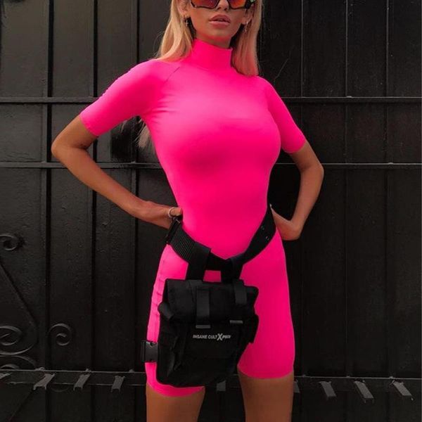 

high necked short sleeve fluorescent color shorts playsuit women waist 3 physical exercise jumpsuit women's jumpsuits & rompers, Black;white