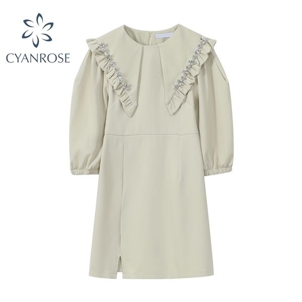 

vintage sweet apricot high waist dress summer fashion baby color with ruffle draped puff half sleeve ladies split dresses 210515, Black;gray