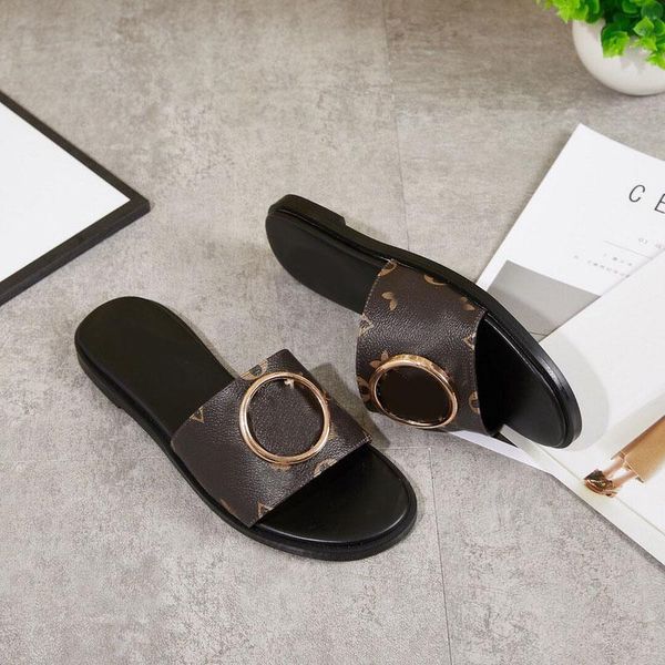 

2021 summer women sandals slippers classic gold circle flat mule beach outdoor cool casual slippers fashion wide flat flip flops box, Black