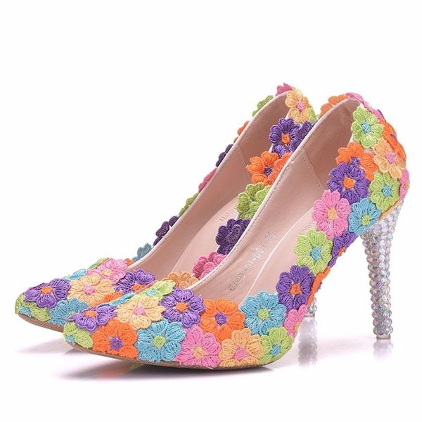 

sandals colorful lace flower wedding multicolor high heel banquet pumps handmade cinderella prom party woman shoes, Black