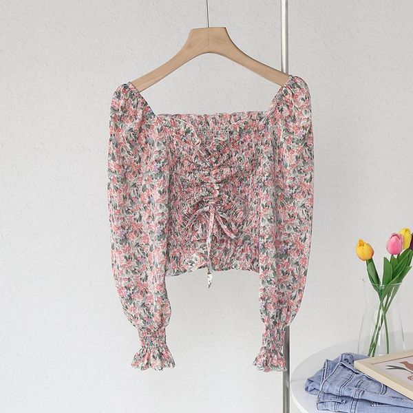 

women's t-shirt summer floral drawstring pleated long sleeve shirt college wind flower square collar multicolor available, White